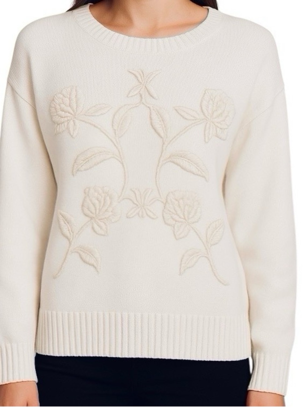 Haute Hippie Ivory Floral Vine Embroidered Pullover Sweater